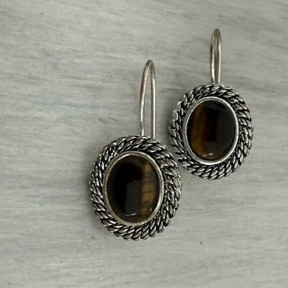 Vintage Avon Silvertone Tiger's Eye Earrings, Pierced,  Wire Closure - Picture 2 of 5